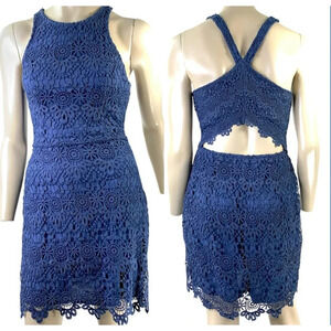 Hollister Crochet Halter Racerback Cut Out Mini Sheath Dress Women Size M Navy